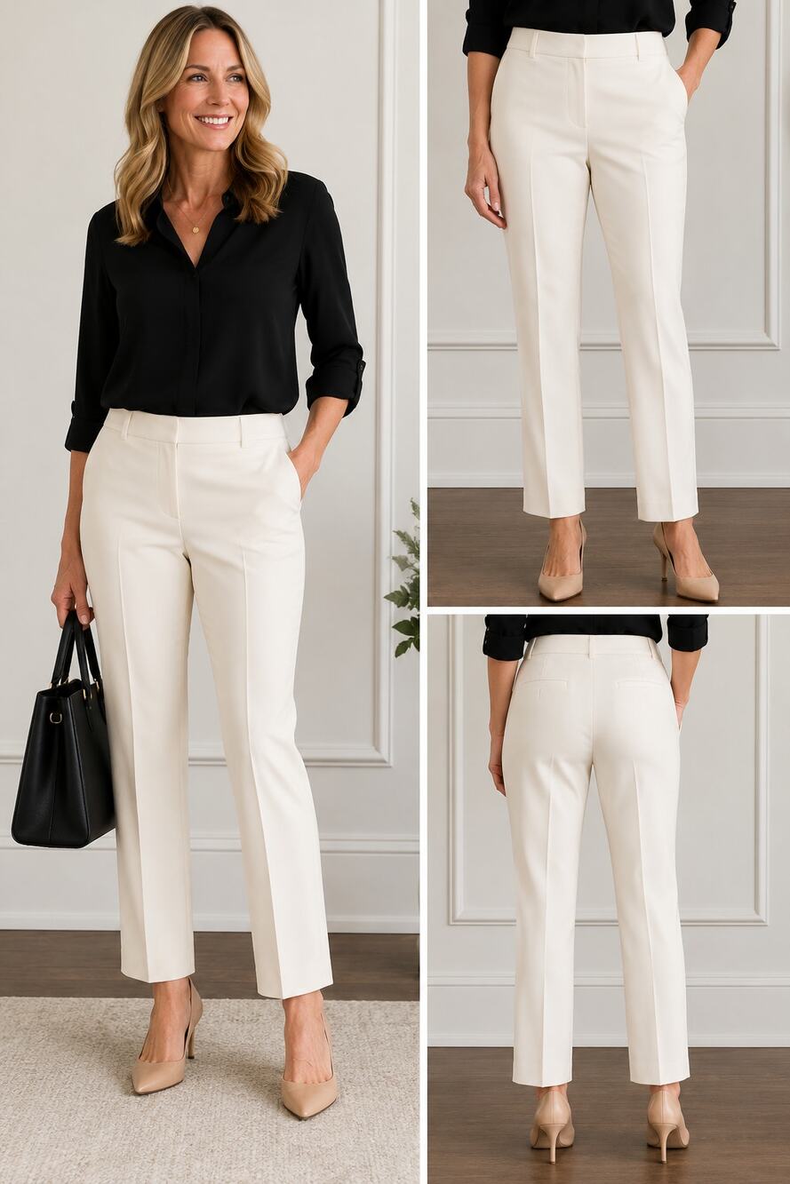 Kasper 12P Ivory Career Pants Stretch Ankle Straight Leg Office Trousers